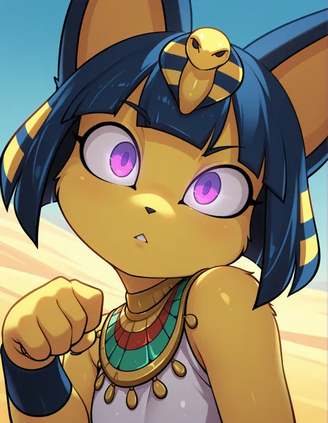by Rabbitbrush,, depth of field, 1girl, furry, ankha \(animal crossing\), expressionless, eye reflection, yellow background, yellow theme, blue background, desert,, purple eyes, glowing eyes, wide-eyed, paw pose, looking at viewer, close-up, parted lips,