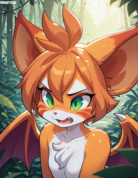 by Rabbitbrush,, masterpiece, best quality, very aesthetic, (1girl:0.7),, (solo:1.3), furry, fidget \(elysian tail\), nimbat, fidget_daet, anthro, furry female, wings, tail, green eyes, colored sclera, bat wings, facial markings, orange fur, white fur, two...