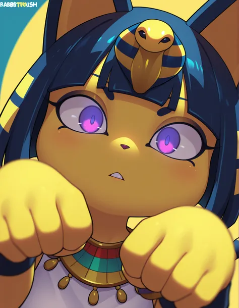 by Rabbitbrush,, depth of field, 1girl, furry, ankha \(animal crossing\), expressionless, eye reflection, yellow background, yellow theme, blue background, desert,, purple eyes, glowing eyes, wide-eyed, paw pose, looking at viewer, close-up, parted lips,