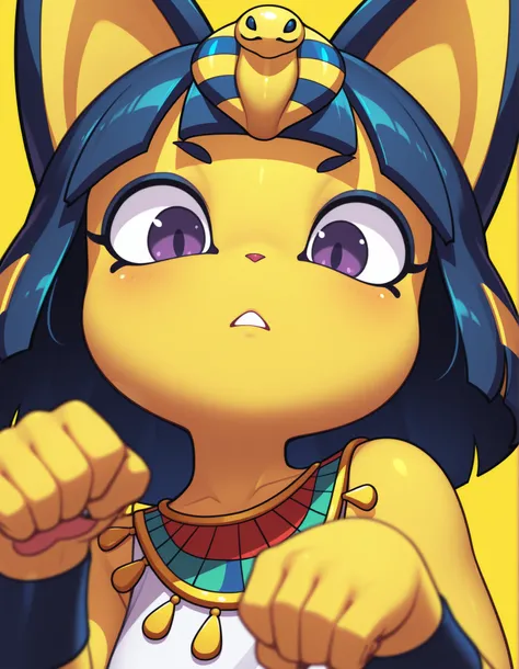 by Rabbitbrush,, depth of field, 1girl, furry, ankha \(animal crossing\), expressionless, eye reflection, yellow background, yellow theme, blue background, desert,, purple eyes, glowing eyes, wide-eyed, paw pose, looking at viewer, close-up, parted lips,