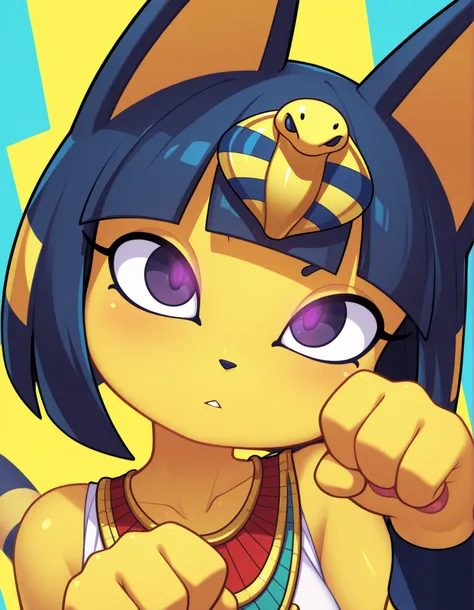 by Rabbitbrush,, depth of field, 1girl, furry, ankha \(animal crossing\), expressionless, eye reflection, yellow background, yellow theme, blue background, desert,, purple eyes, glowing eyes, wide-eyed, paw pose, looking at viewer, close-up, parted lips,