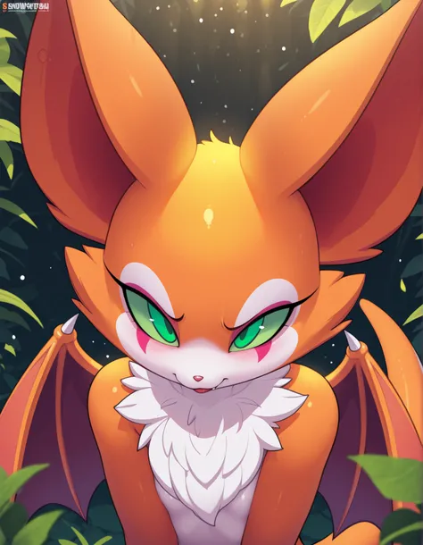 by Rabbitbrush,, masterpiece, best quality, very aesthetic, (1girl:0.7),, (solo:1.3), furry, fidget \(elysian tail\), nimbat, fidget_daet, anthro, furry female, wings, tail, green eyes, colored sclera, bat wings, facial markings, orange fur, white fur, two...