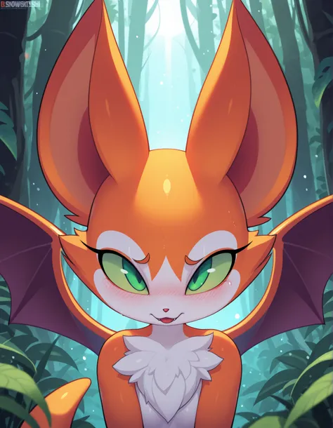 by Rabbitbrush,, masterpiece, best quality, very aesthetic, (1girl:0.7),, (solo:1.3), furry, fidget \(elysian tail\), nimbat, fidget_daet, anthro, furry female, wings, tail, green eyes, colored sclera, bat wings, facial markings, orange fur, white fur, two...