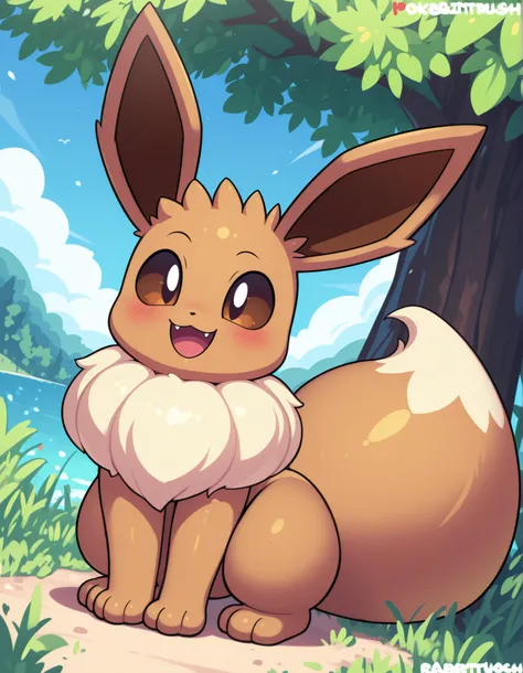 by Rabbitbrush,, pokekid, eevee, fluffy girl, furry girl, female, smile, smiling, has a big pretty bow in her hair, has animal paws for hands, 1girl, best quality, outdoors, high definition, cute,