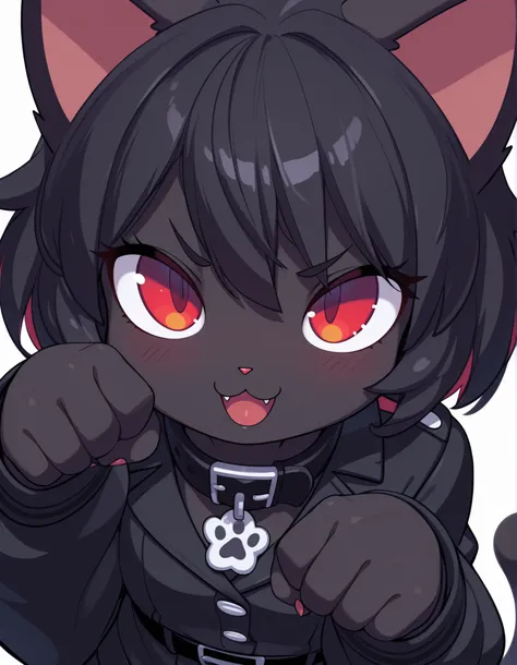 by Rabbitbrush,, masterpiece, best quality, very aesthetic, 1girl, solo, white background, looking at viewer, portrait, paw pose, :3, furry female, cat girl, animal ears, black hair, short hair, black skin, red eyes, cat tail, black jacket, buttons, long s...