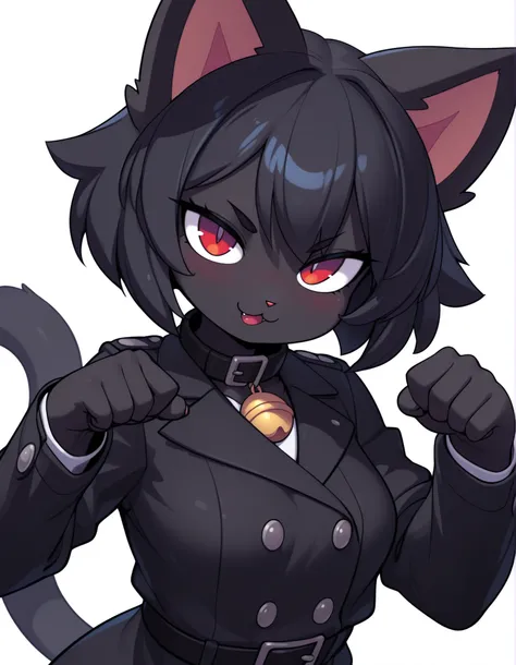 by Rabbitbrush,, masterpiece, best quality, very aesthetic, 1girl, solo, white background, looking at viewer, portrait, paw pose, :3, furry female, cat girl, animal ears, black hair, short hair, black skin, red eyes, cat tail, black jacket, buttons, long s...