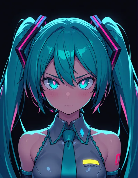 by Rabbitbrush,, Hatsune Miku, limited palette, black background, colorful, vibrant, glowing outline, neon, blacklight, looking at viewer, masterpiece, very aesthetic
