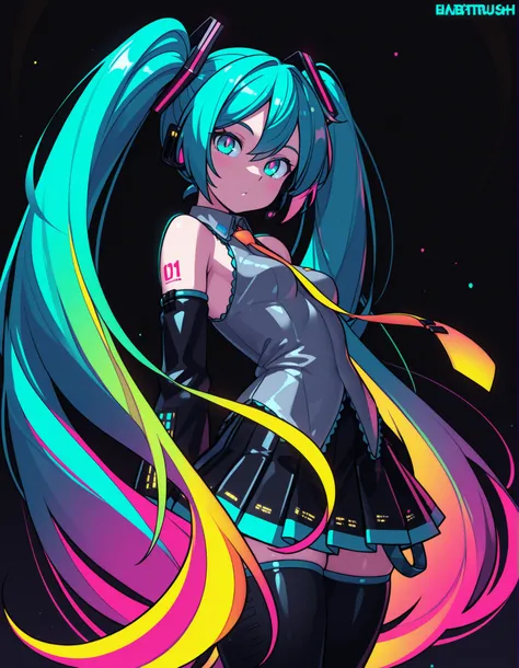 by Rabbitbrush,, Hatsune Miku, limited palette, black background, colorful, vibrant, glowing outline, neon, blacklight, looking at viewer, masterpiece, very aesthetic
