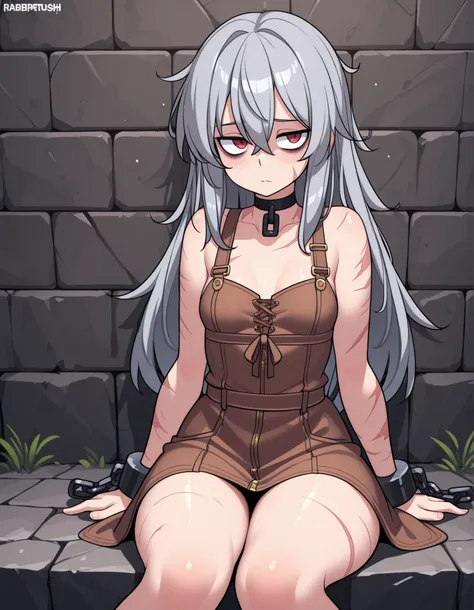 by Rabbitbrush,, stone wall background,1girl, solo, (red eyes), choker, shackles, chains, cowboy shot, open legs, sitting, feet, toes, hands on the sides, OverallDetail, komekko,, (masterpiece, best quality, absurdres), 1girl, solo, small breasts, dark gra...