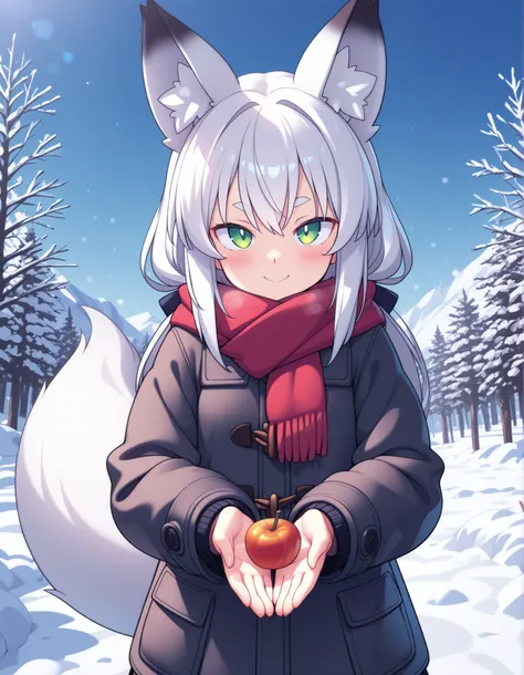 by Rabbitbrush,, anime, solo, BREAK, young fox girl, skinny and frail, (petite,cute:0.5), green eyes, looking at viewer, long hair, white hair, smile, winter clothes, outdoors, winte