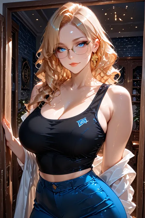 masterpiece, the best quality, excellent quality, super detail, latest, very aesthetic, A girl, mature women, glasses, big breasts, blonde hair, blue eyes, (wavy hair with a smooth stripe in the middle), black tank top, blue trousers, golden earrings 