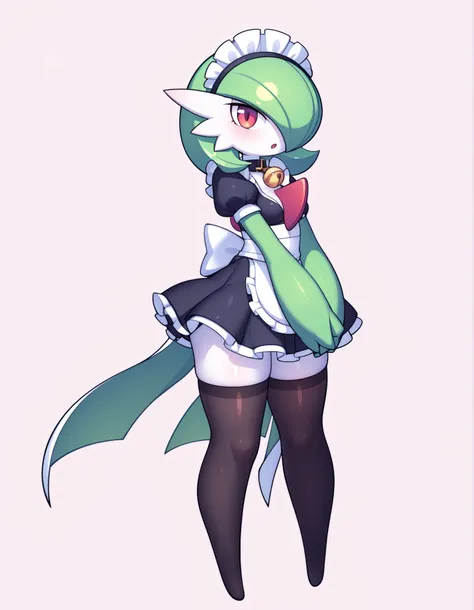 by Rabbitbrush,,, furry female, gardevoir, maid headdress, bell collar, hands together, full body, small, black thighhighs, white background,