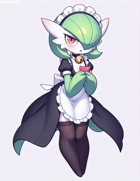 by Rabbitbrush,,, furry female, gardevoir, maid headdress, bell collar, hands together, full body, small, black thighhighs, white background,