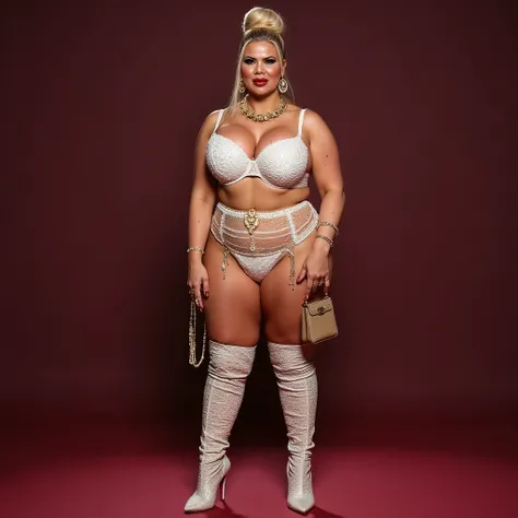 full  body view closeup photoshoot. A chubby thick mature old loose skin . haur bun .60 years old.  .wearing knee high pearl boots. detailed patterned pencil very high heels boots .standing legs wide apart open. pearl Bra and pearl very high cut thong .mos...
