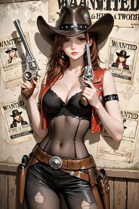 A female bounty hunter on a poster with the word "wanted" and a bounty amount; she is holding a revolver. Western-style poster.