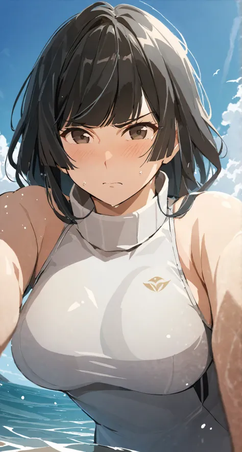 masterpiece,best quality, solo, eda, bangs, black hair, upper body,blue sky,cloud, shy expression, medium breast, hot, thicc, sleeveless turtleneck swimsuit , ocean, water, she is shy, embarrassed , she is embarrassed, dynamic pose, close shot, upper body,...