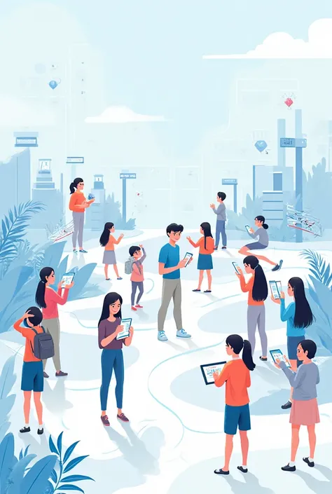 Create an illustration: of Vietnamese students learning with the help of AI, infographic style, blue-white tone