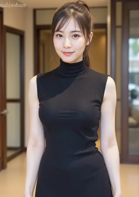 masterpiece, top quality, Wear a fitted turtleneck dress、very stylish woman、I'm sticking out my、sexy girl、look back、big butt against the backdrop of a sophisticated office