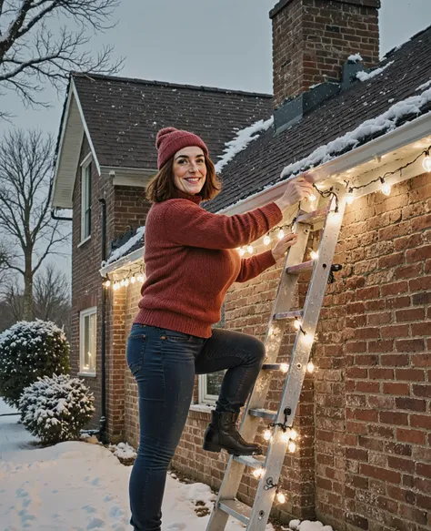 zoomed in close-up picture, Margaret is standing on a ladder and hanging Christmas lights on her house roof. shingles roof, brick wall. snowy yard. long bob hairstyle. smiling. large brown eyes. Winter scene with some snow