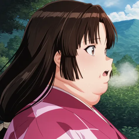 anime screencap, score_9, score_8_up, score_7_up, source_anime BREAK sango, 1girl, solo, brown hair, parted bangs, low-tied long hair, brown eyes, outdoors, pink kimono, wearing a kimono
,masterpiece,best quality,amazing quality,bulging belly, fat, chubby,...