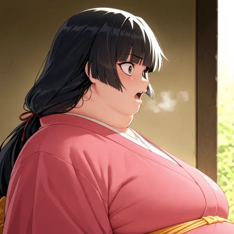score_9, score_8_up, score_7_up, score_6_up, score_5_up, score_4_up, BREAK, source_anime, 1girl, kagomehigurashi, bangs, black hair, long hair, brown eyes, wearing a kimono
,masterpiece,best quality,amazing quality,bulging belly, fat, chubby, obese, open m...