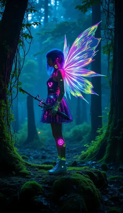 In a bioluminescent forest overrun by neon graffiti, a rebellious fairy with translucent wings laced with glowing circuitry stands atop a moss-covered metal ruin. Her hair floats like fiber-optic strands, radiant pink and cyan. Punk glyphs shimmer on the t...