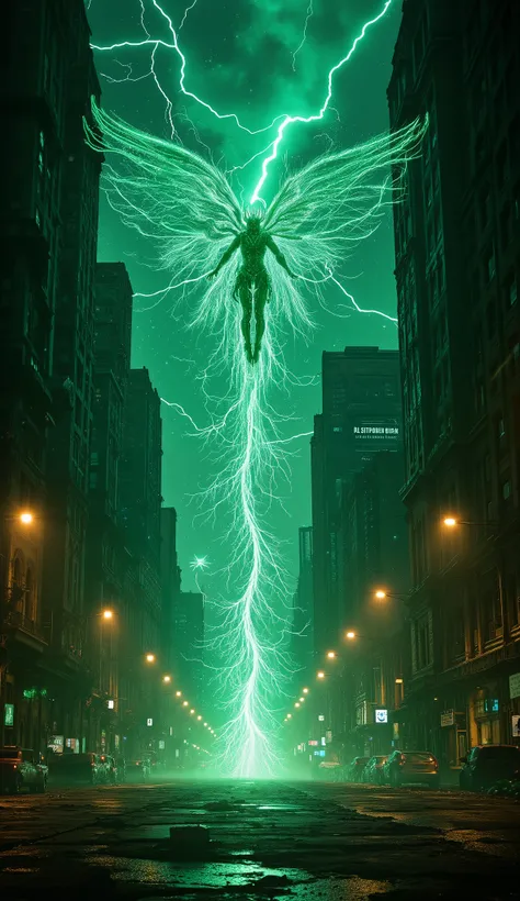 A swarm of cyber-sylphs descends upon a decaying megacity, their translucent wings humming like data-streams. They crack open the asphalt, letting luminescent roots sprout in fractal patterns. At their head flies a warrior-sylph armored with living metal a...