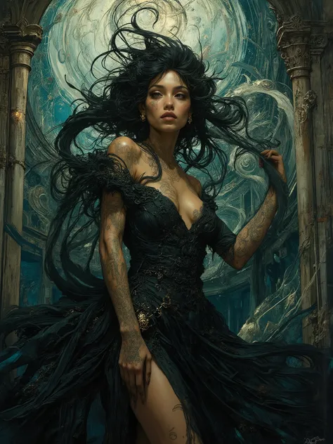 Impressionist surrealism, photo-realistic bizarre portrait of a beautiful, majestic caucasian half-Black lady—graceful yet an outcast, radiating eldritch aura and supernatural mystery. Deep golden-brown skin glows with lifelike detail. She stands in a dram...