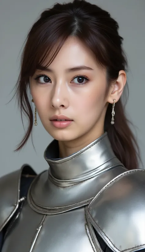 neat young woman wearing luxurious silver armor、、female knight、、、ear piercings、looking at camera、looking directly in front、無表情、口を閉じている、、face close-up、grey background、

