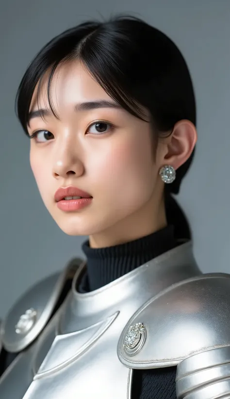 neat young woman wearing luxurious silver armor、、female knight、、ear piercings、looking at camera、looking directly in front、、face close-up、grey background、

