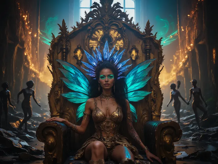 A fairy elf punk queen sits on a throne grown from bioluminescent ferns intertwined with rusted mechanical parts. Her crown is a halo of floating neon leaves, each projecting illusions of lost faery realms. Her eyes shimmer with data-runes. Surrounding her...