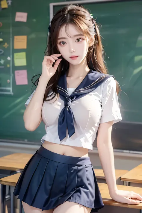 ( Super High Definition), (I'm looking over here), (Sailor Suit:1.1, Flared Skirt:1.1), (Big Breasts:1.2), (Slimness:1.8), ( Read more:1.4), (thin thighs:1.4), (thin hips:1.6), ( beautiful skin, shiny skin, white skin), (Super slim face, Super beautiful ...