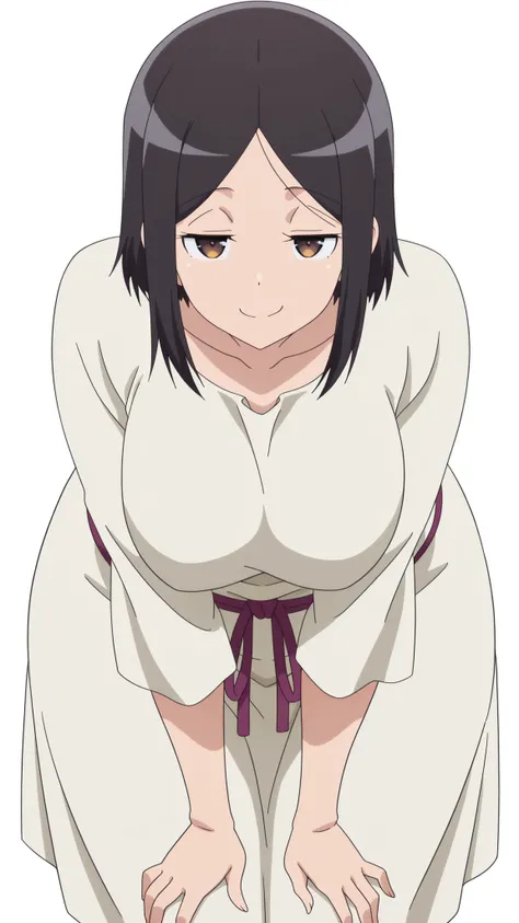 masterpiece, top quality, amazing quality,,  Satomi Tachibana sitting on a chair, short hair, black hair, brown eyes, mature, chest, animation screen capture, vent over, smug,, ,  transparent background, simple background, white background