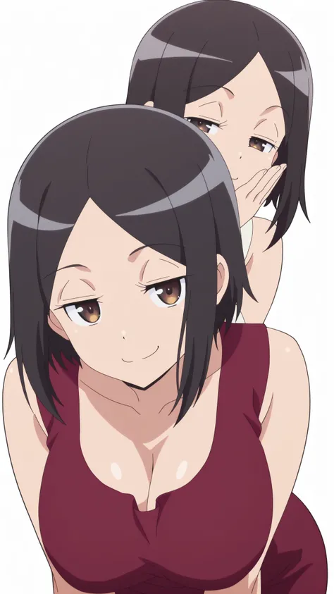masterpiece, top quality, amazing quality,,  Satomi Tachibana sitting on a chair, short hair, black hair, brown eyes, mature, chest, anime screen capture, vent over, smug,, ,  transparent background, simple background, white background