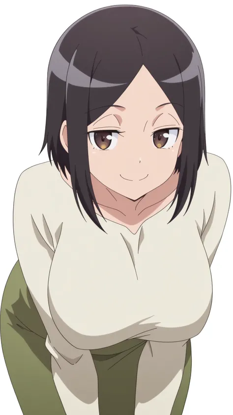 masterpiece, top quality, amazing quality,,  Satomi Tachibana sitting on a chair, short hair, black hair, brown eyes, mature, chest, anime screen capture, vent over, smug,, ,  transparent background, simple background, white background
