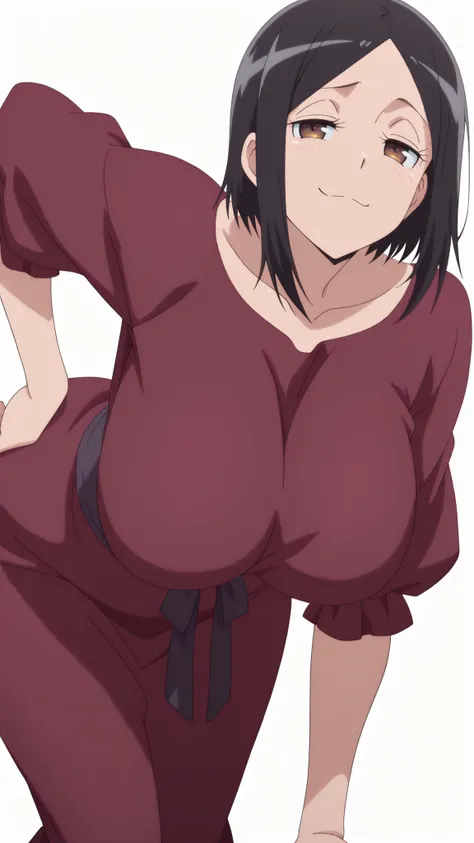 masterpiece, top quality, amazing quality,,  Satomi Tachibana sitting on a chair, short hair, black hair, brown eyes, mature, chest, anime screen capture, vent over, smug,, ,  transparent background, simple background, white background