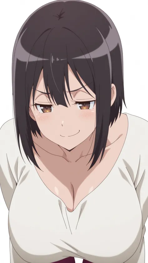 masterpiece, top quality, amazing quality,,  Satomi Tachibana sitting on a chair, short hair, black hair, brown eyes, mature, chest, anime screen capture, vent over, smug,, ,  transparent background, simple background, white background