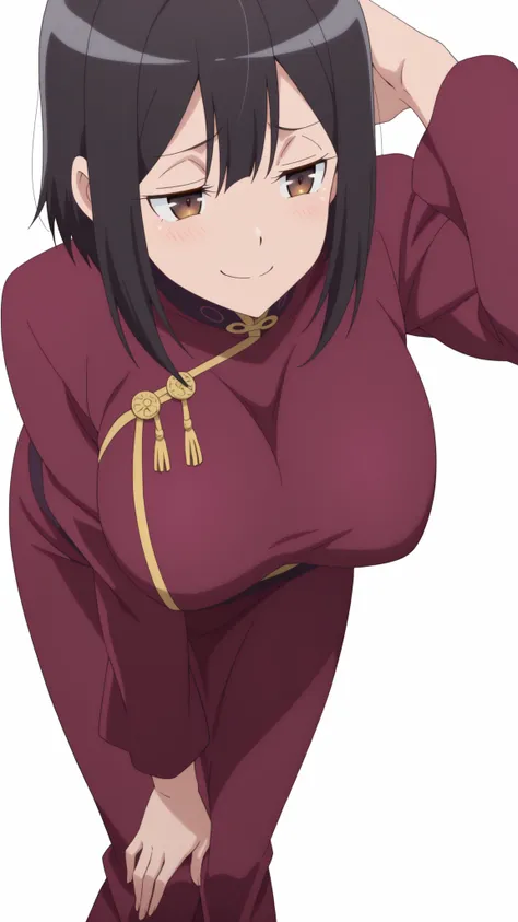 masterpiece, top quality, amazing quality,,  Satomi Tachibana sitting on a chair, short hair, black hair, brown eyes, mature, chest, anime screen capture, vent over, smug,, ,  transparent background, simple background, white background