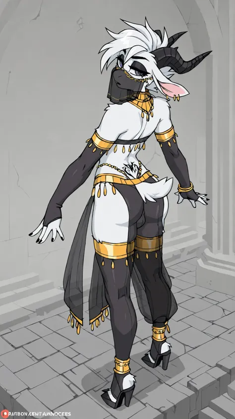 Art, Solo, High Quality, View at back, View from above, Anthropomorphic, Furry, Furry goat, femboy, tomboy femboy mix, black hooves, black nails, white fur, short white hair, flat chest, curvy, long legs, curved back black goat horns, black and white cloth...