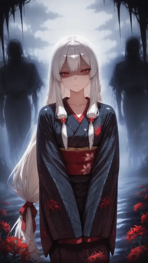 1girl, (solo:1.2), (horror \(theme\):1.1),
gray hair, very long hair, Long Lashes, red eyes, mysterious, red ribbon, low side lock,
kimono, (silky kimono:1.1), (Black silk kimono:1.3), (spider Lily print kimono:1.1), long sleeve, (Sleeves Over Your Finger...
