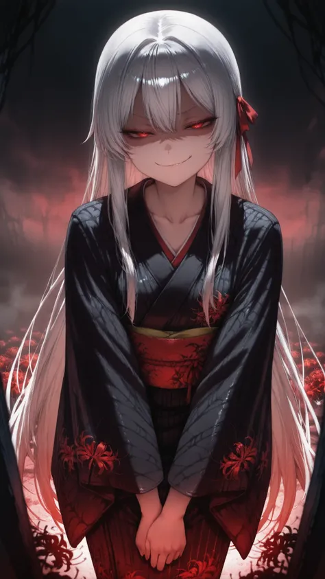 1girl, (solo:1.2), (horror \(theme\):1.1),
gray hair, very long hair, Long Lashes, red eyes, mysterious, red ribbon, low side lock,
kimono, (silky kimono:1.1), (Black silk kimono:1.3), (spider Lily print kimono:1.1), long sleeve, (Sleeves Over Your Finger...