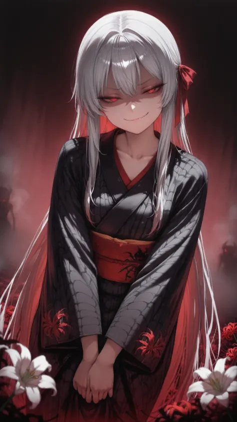 1girl, (solo:1.2), (horror \(theme\):1.1),
gray hair, very long hair, Long Lashes, red eyes, mysterious, red ribbon, low side lock,
kimono, (silky kimono:1.1), (Black silk kimono:1.3), (spider Lily print kimono:1.1), long sleeve, (Sleeves Over Your Finger...
