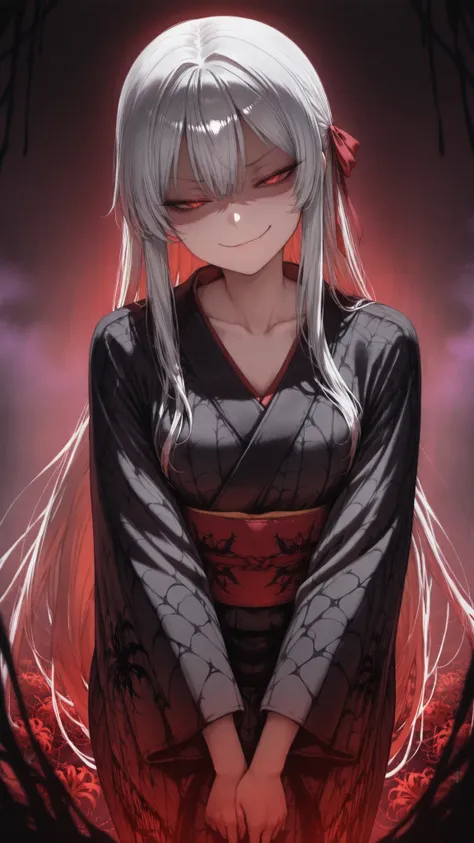 1girl, (solo:1.2), (horror \(theme\):1.1),
gray hair, very long hair, Long Lashes, red eyes, mysterious, red ribbon, low side lock,
kimono, (silky kimono:1.1), (Black silk kimono:1.3), (spider Lily print kimono:1.1), long sleeve, (Sleeves Over Your Finger...