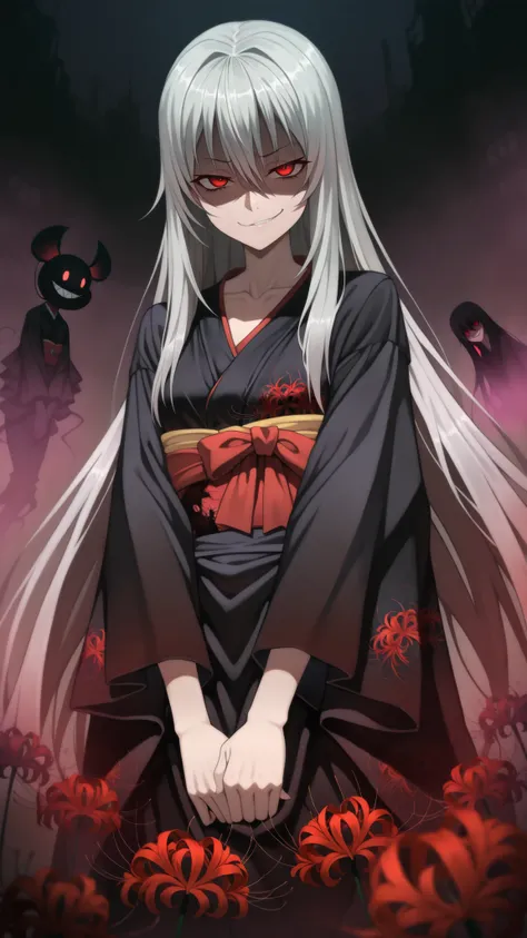 1girl, (solo:1.2), (horror \(theme\):1.1),
gray hair, very long hair, Long Lashes, red eyes, mysterious, red ribbon, low side lock,
kimono, (silky kimono:1.1), (Black silk kimono:1.3), (spider Lily print kimono:1.1), long sleeve, (Sleeves Over Your Finger...