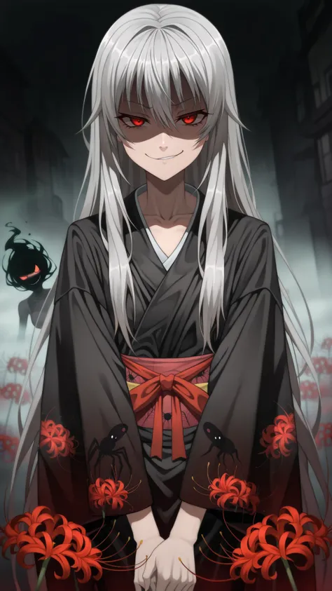 1girl, (solo:1.2), (horror \(theme\):1.1),
gray hair, very long hair, Long Lashes, red eyes, mysterious, red ribbon, low side lock,
kimono, (silky kimono:1.1), (Black silk kimono:1.3), (spider Lily print kimono:1.1), long sleeve, (Sleeves Over Your Finger...