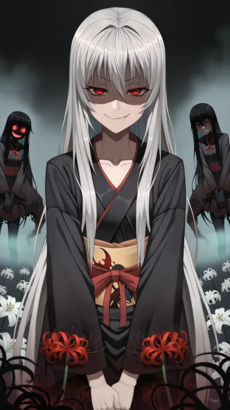 1girl, (solo:1.2), (horror \(theme\):1.1),
gray hair, very long hair, Long Lashes, red eyes, mysterious, red ribbon, low side lock,
kimono, (silky kimono:1.1), (Black silk kimono:1.3), (spider Lily print kimono:1.1), long sleeve, (Sleeves Over Your Finger...