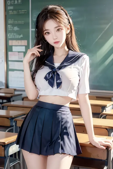 ( Super High Definition), (I'm looking over here), (Sailor Suit:1.1, Flared Skirt:1.1), (Big Breasts:1.2), (Slimness:1.8), ( Read more:1.4), (thin thighs:1.4), (thin hips:1.6), ( beautiful skin, shiny skin, white skin), (Super slim face, Super beautiful ...