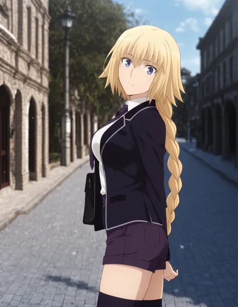 jeanne_d_arc_f-a, Fate/UBW ,official art style ,1girl, blonde hair, solo, long hair, purple eyes, big braid, looking at viewer, blue eyes, , single braid, ,<lora:JeanneDArc-FateApocrypha-ILXL:1>,(ufotable style, ) (aged up:1.2), (masterpiece),(best quality...