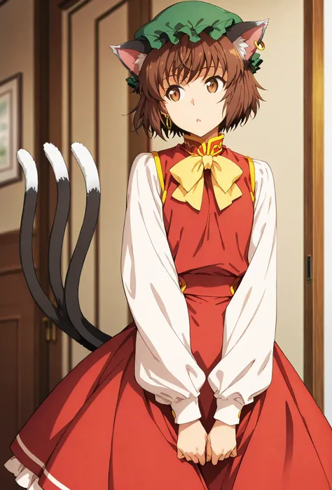 Chen, score_9, score_8_up, score_7_up, source_anime, top quality, , Official Art, viewers, masterpiece, ultra-HD, high detail, depth of field, top quality, 8k, top quality, ergonomic,Official Art, 1 girl,solo, anime keyvisual, slender, Sessyu Style,
white ...