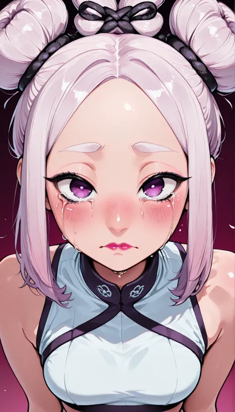 (1girl), (perfect face), ((white bun knot top hair)), (forehead), ((white natural eyebrows)), (((purple eyes, crying eyes))), (((black eyeliners))), (pink blush), ((nose, thick lipstick)), (beautiful girl), (crop top), ((sad face)), (looking at viewer, pov...